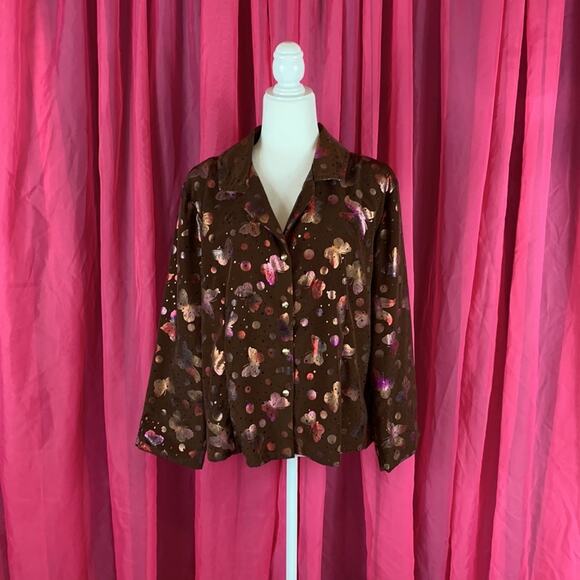 Vintage Unbranded Butterfly and sequin hologram gold button blouse, 1X - Picture 1 of 8